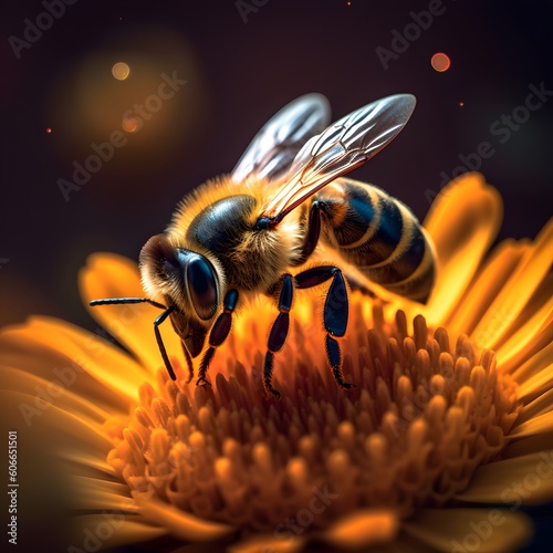 The bee sitting on a yellow flower. generative AI