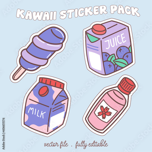 Kawaii sticker set or elements with cute japan anime manga cartoon style vector illustration