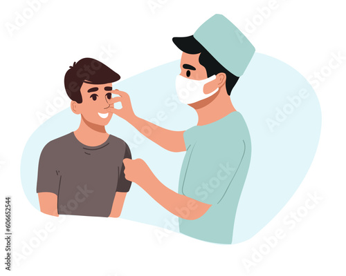 Examination of the nose before rhinoplasty. ENT doctor touching nose and consulting female patient in medical clinic before septoplasty operation