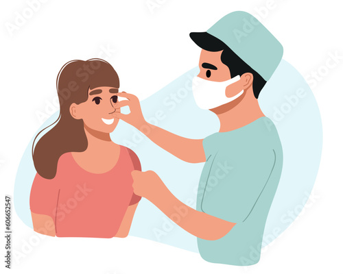 Examination of the nose before rhinoplasty. ENT doctor touching nose and consulting female patient in medical clinic before septoplasty operation photo