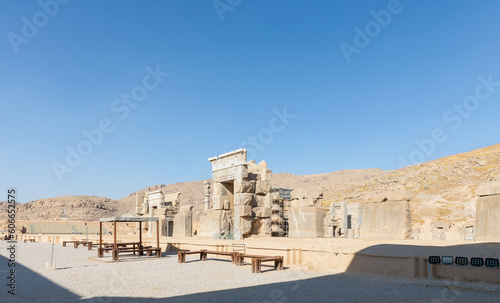 Ruins of Hall of 100 Columns in Persepolis, founded by Darius the Great in 518 BC and capital of ancient Achaemenid Empire, 60 km northeast of Shiraz, Iran. UNESCO World Heritage. photo