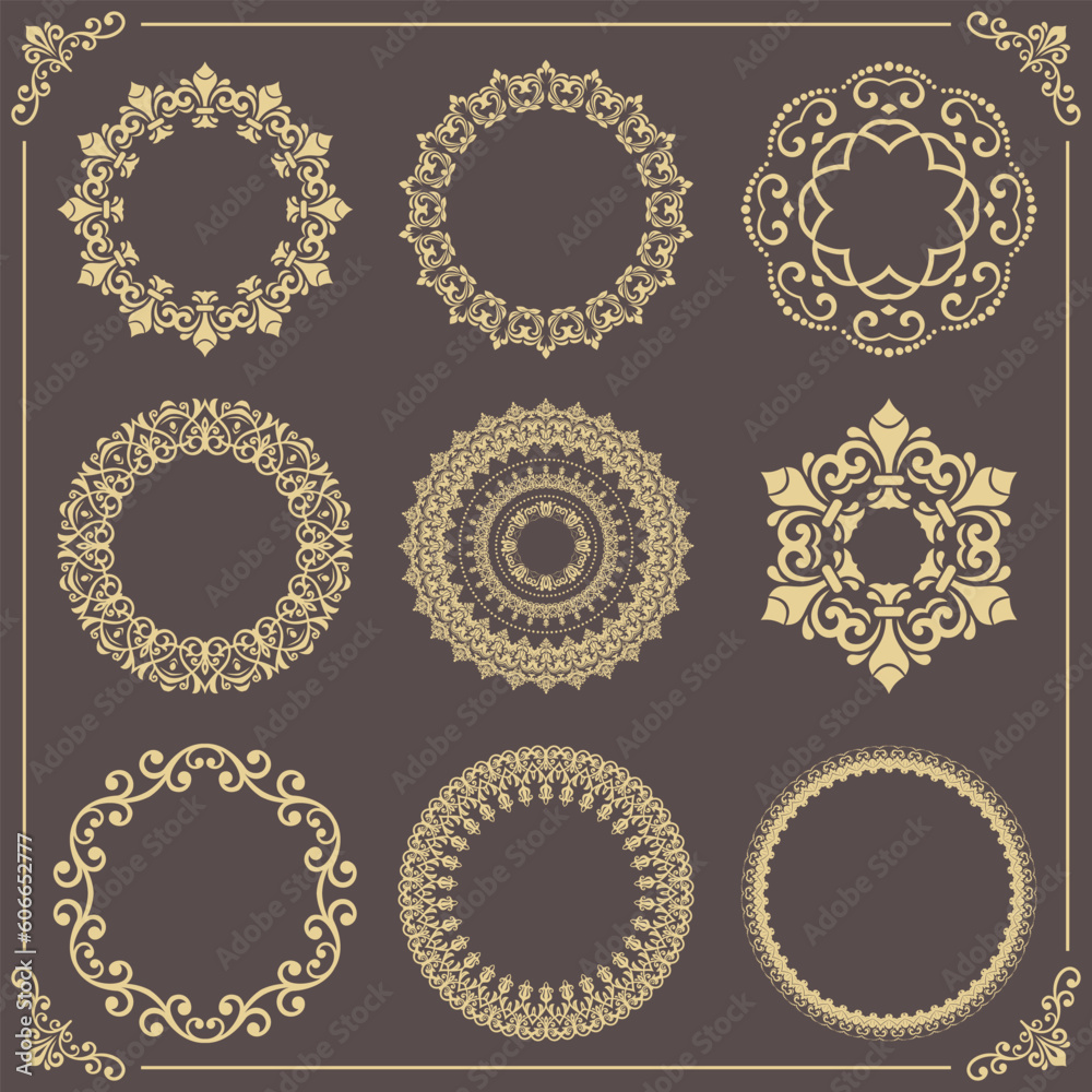 Vintage set of vector round elements. Brown and yellow elements for design frames, cards, menus, backgrounds and monograms. Classic patterns. Set of vintage patterns