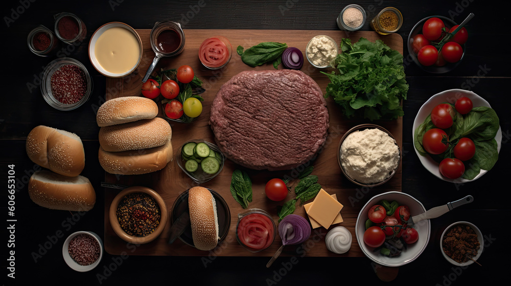 some food that is on a wooden cutting board, including meat, cheese, tomatoes, and other foods in bowls. Generative Ai