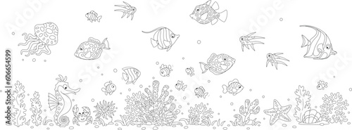 Exotic small fishes swimming on a coral reef in a tropical southern sea, black and white outline vector cartoon illustration for a coloring book
