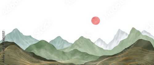 Mountain landscape watercolor painting illustration with line art pattern. Abstract contemporary aesthetic backgrounds landscapes. mountains, hills, sun and skyline © gina