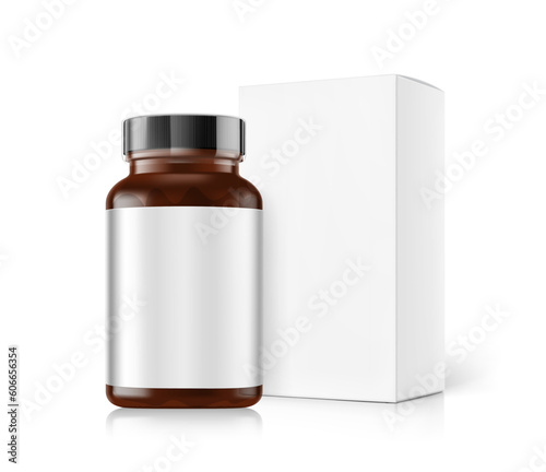 WebRealistic clear amber bottle with box mockup set. Vector illustration isolated on white background. Can be used for medical, cosmetic, pharmacy, medicine, sport, food. EPS10.