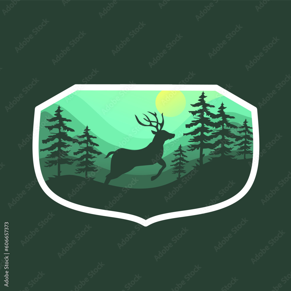 vector illustration of wild deer in nature,landscape badge concept,retro style vector illustration of wild deer in nature,landscape badge concept,retro style