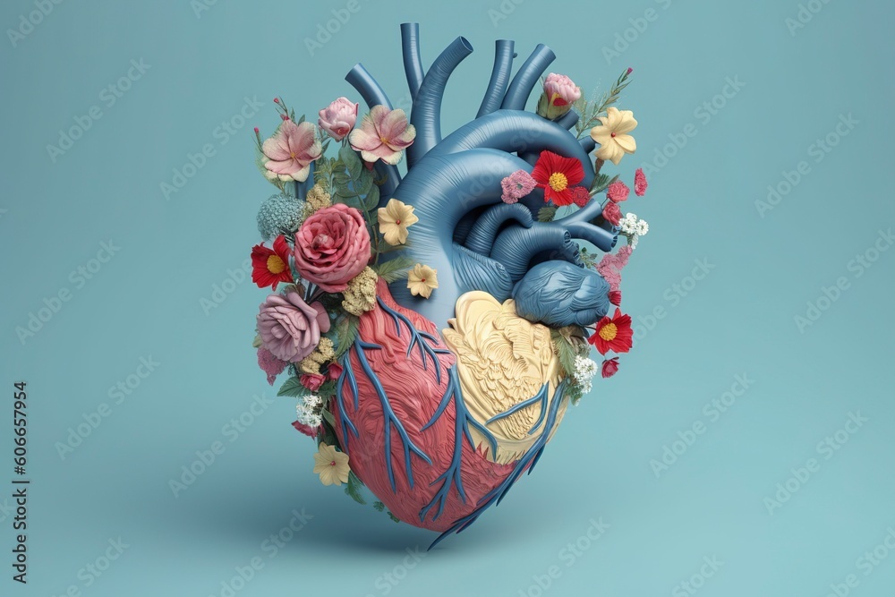 Human brain with flowers, pastel colors, on blue background, 3d render and illustration, generate ai
