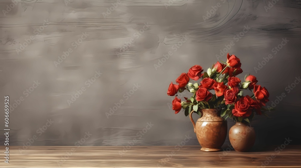 White vase with Red Rose on the table with blank wall copy space. AI Generative Image White vase with Red Rose on the table with blank wall copy space. AI Generative Image