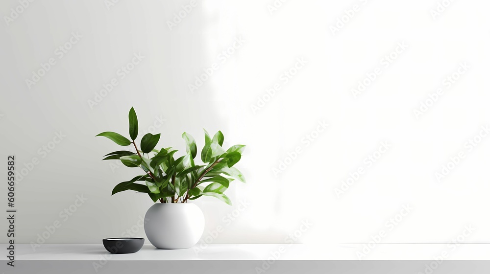 White vase with plant on the table with Grey blank wall copyspace. AI Generative Image
White vase with plant on the table with Grey blank wall copyspace. AI Generative Image