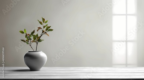 White vase with plant on the table with Grey blank wall  copyspace. AI Generative Image   © AgungRikhi