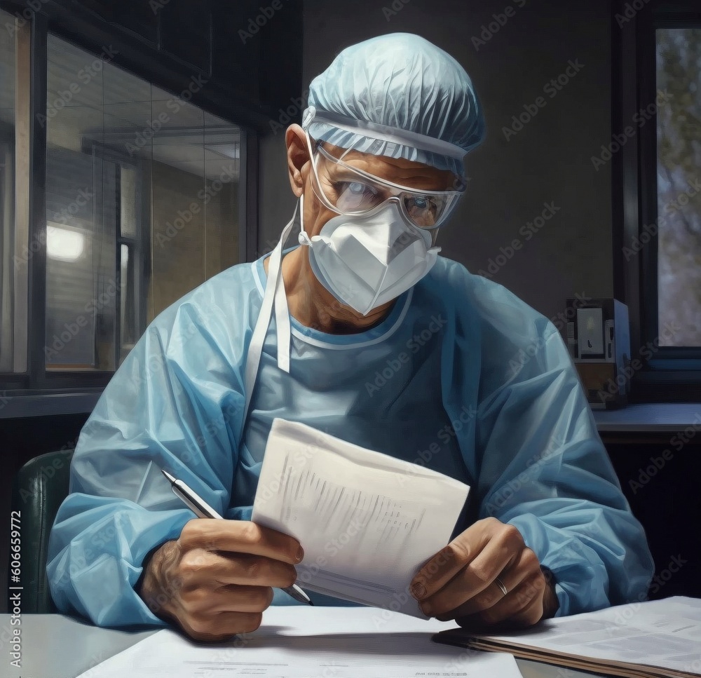 Médico leyendo el diagnóstico de un paciente - obrazy, fototapety, plakaty 