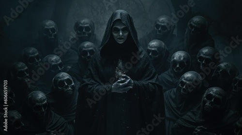 Dark satanic possessed nun surrounded by skulls in a nightmare
