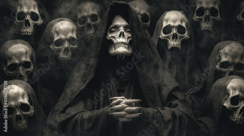 Dark satanic possessed nun surrounded by skulls in a nightmare