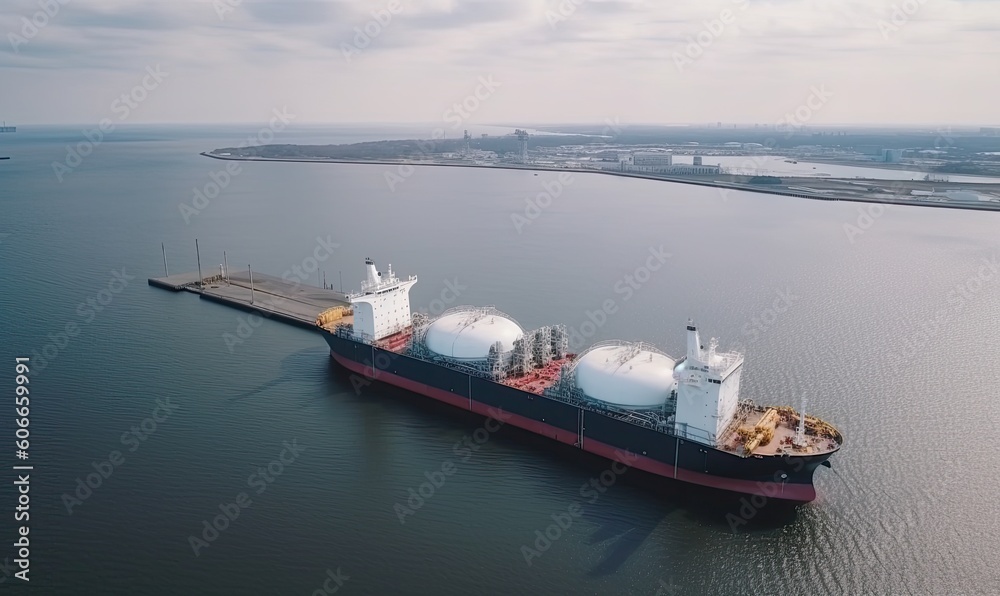 LNG plant and tanker ship at dock, captured by aerial drone. Creating using generative AI tools