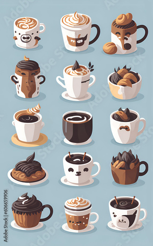 coffee set graphic clipart design, cute, isometric style, sticker,