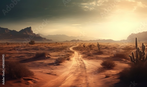 Majestic sunset illuminates the desert landscape with an endless road ahead. Creating using generative AI tools