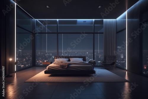 Cozy bedroom interior in a contemporary design. The room is in pastel brown with a large double bed. Double room in hotel AI Generated