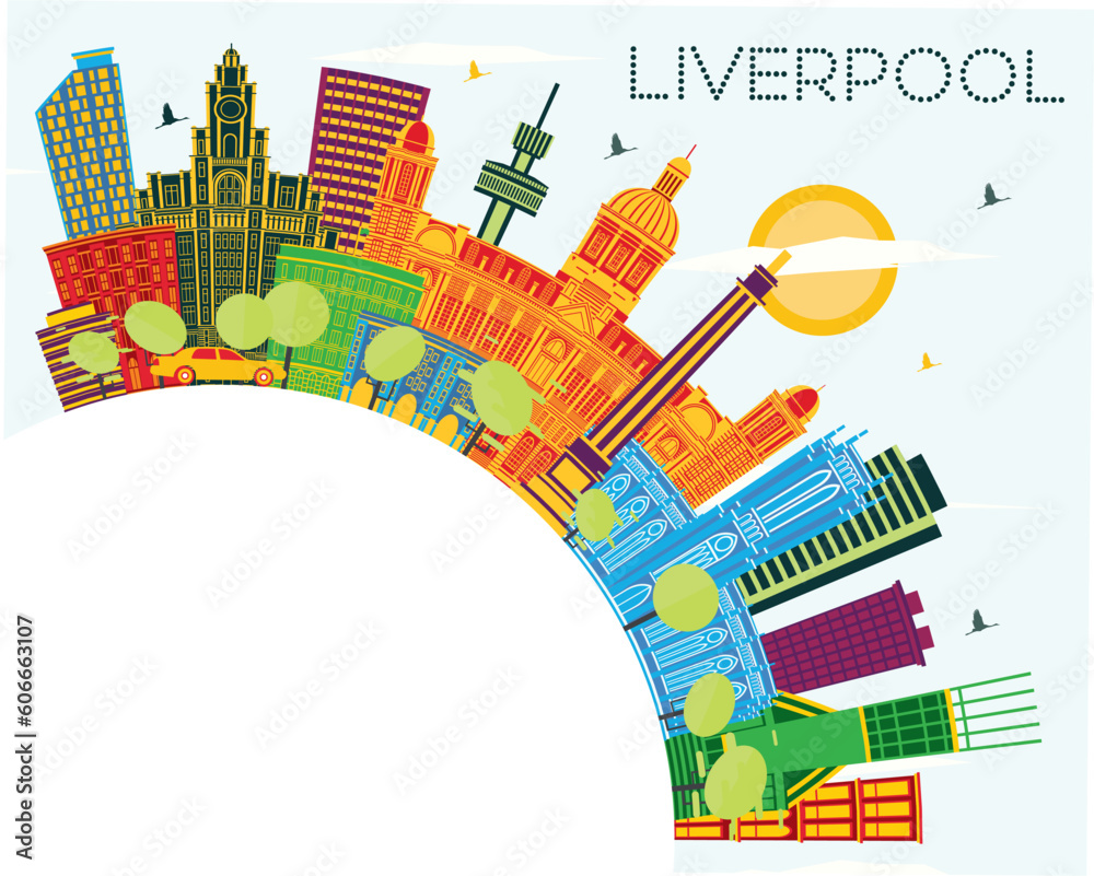Liverpool Skyline with Color Buildings, Blue Sky and Copy Space. Liverpool Cityscape with Landmarks.