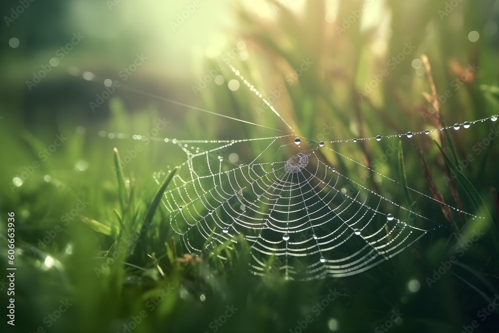 An intriguing close-up shot of a dew-kissed spider's web, delicately showcasing the intricate patterns that nature weaves in its silent tapestry.