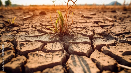 Generative A.I. Climate change,view on very dry soil, with some dead dry plants, lack of water, summer, season, problems with drought, southern countries