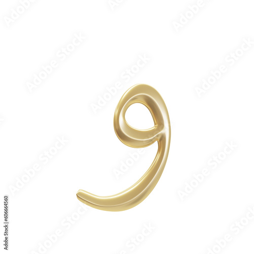 Arabic 3d font letter "Waaw" in golden color, isolated white background, usually use in Arab countries such as Saudi Arabia, Yemen, Qatar, UAE, Oman, Egypt and other country 