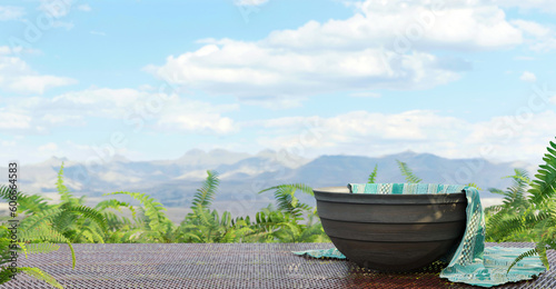 Empty bowl on a wooden plate Panoramic shot of wooden table with empty cups and plates mountain scenery background on a cloudy day sky and nature background in the daytime 3D illustration