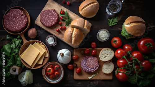 different types of food on a wooden cutting board with tomatoes, bread, cheese, and other ingredients around it. Generative Ai © Golib Tolibov
