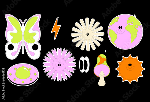 Retro 70s hippie stickers, psychedelic groovy elements. Cartoon funky mushrooms, flowers, butterfly, flying saucer. Vintage hippy style element vector set. 