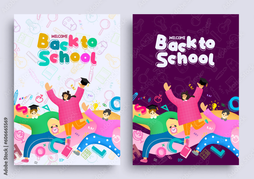 Back to school set vector poster. Cartoon college graduate character in doodle background. Vector illustration school flyers collection design. Back to school set vector poster. Cartoon college graduate character in doodle background. Vector illustration school flyers collection design.