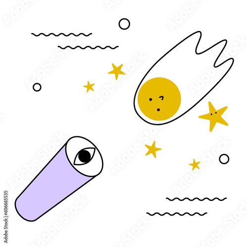 An eye in a telescope looks at a falling meteorite. Cheerful character smiling comet flies in the starry sky. International Asteroid Day. Minimalistic thin line flat.