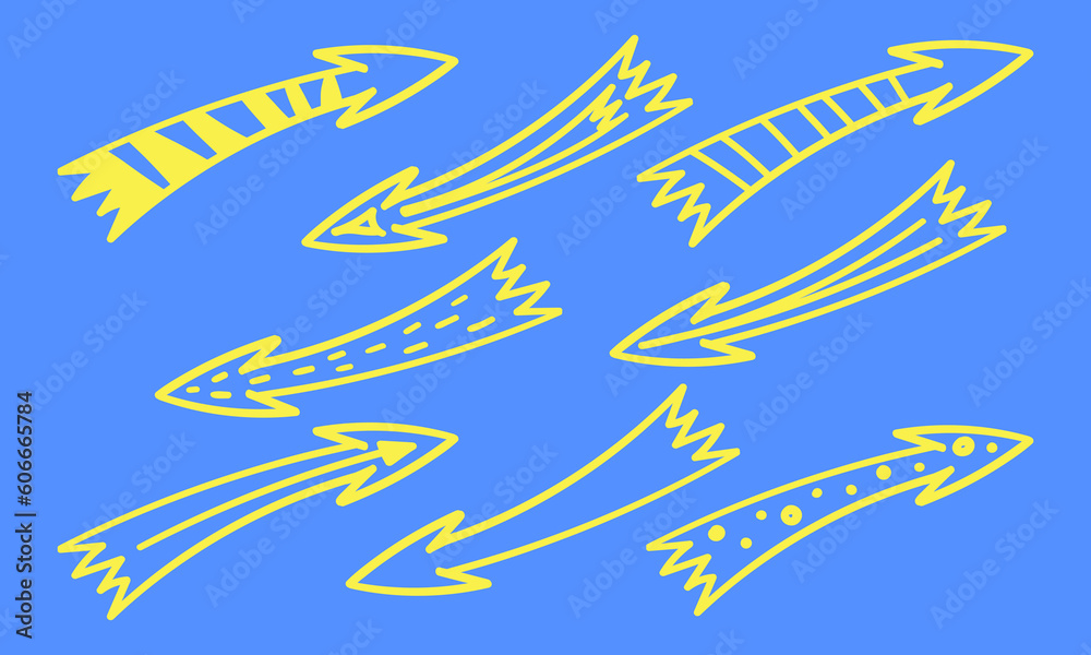 Set of arrow doodle. Yellow hand drawn arrows on blue background Set of arrow doodle. Yellow hand drawn arrows on blue background