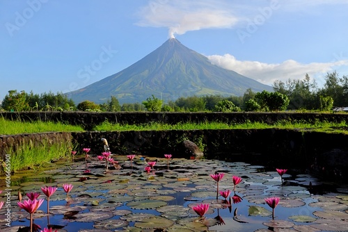 Beautiful scenic landscape of Mayon volcano with rice field and water lily flowers in Cagsawa, Albay Province, Philippines with white smoke. photo