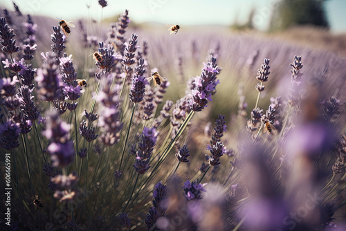lavender flowers with bees in the middle, taken on a canon 70 - 200mm f / 1 8 lens. Generative Ai photo