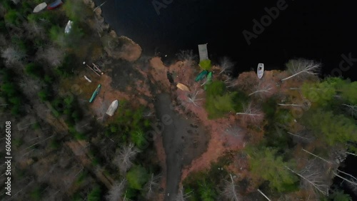 Drone facing down and descending over a small boat launching point by a small lake or river in Sweden. photo