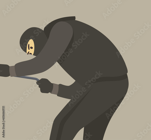 Isolated male thief with a robbery mask trying to open something. Flat vector illustration template.