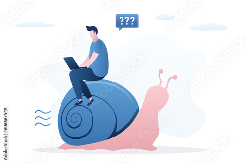 Business man with laptop riding on slow snail. Male user is surfing on slow internet. Unhappy employee uses working hours inefficiently due to slow communication. Design isolated on white.