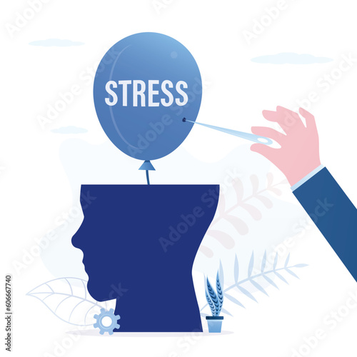Psychotherapist hand holds large needle and pops balloon with inscription - stress. Solving problems of psychological pressure. Mental health, psychoanalyst help. Medical support.
