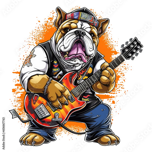 Software Developer English Bulldog t-shirt design, a bulldog wearing a rockstar outfit and playing a guitar, standing on a stage with a band and fans, the atmosphere is loud and rebelli, Generative Ai photo