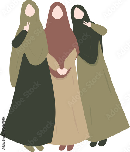 Three muslim women in niqab isolated on white background.