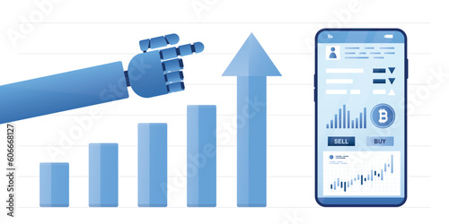 Mobile phone with crypto trading app. Robot hand give profitable trading signals. AI helps to trade cryptocurrency. Successful bot helps investors make money online. Blockchain