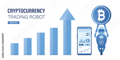 Trading robot holds big bitcoin. AI help to mine or trade cryptocurrency in mobile app. Profitable robot helps investors make money online. Blockchain technology, growing crypto currency chart.