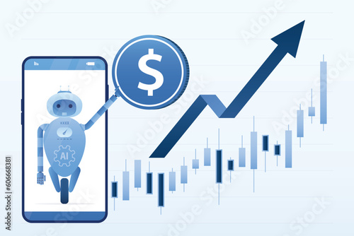 Automated trading technology on stock exchange. Trading robot help take online investment profit. AI analyzes financial data. Forex bot app on mobile app give profitable signals