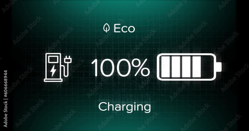 Animation of eco, charging text with battery and fuel pump icon, changing numbers with percentile Animation of eco, charging text with battery and fuel pump icon, changing numbers with percentile