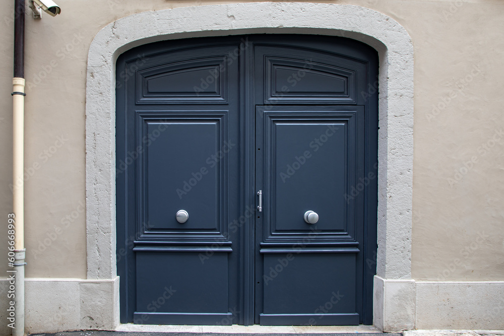 grey wooden arch door double of street restored house entrance facade classic gate grey wooden arch door double of street restored house entrance facade classic gate