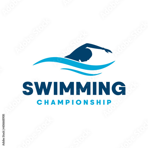 Swimming Pool Silhouette, Swimmer Athlete on Sea Ocean Water Wave Logo design