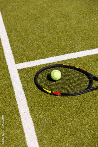 High angle view of tennis racket with ball by white marking on grassy field at tennis court