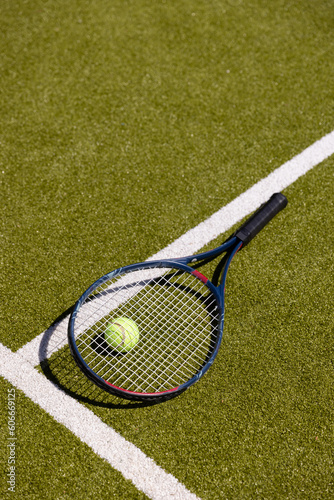 High angle view of tennis racket and ball by marking on grassy land at tennis court