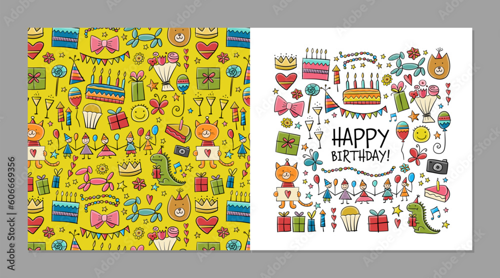 Birthday card design. Greeting card template. Front and back side. Holiday background. Anniversary postcard ideas with place for your text