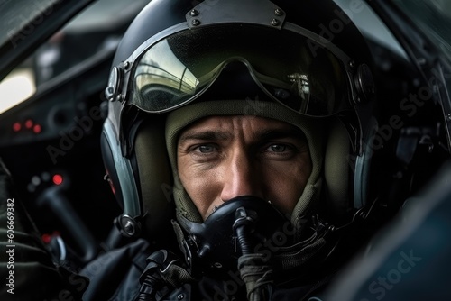 Military pilot in the cockpit of the jet airplane